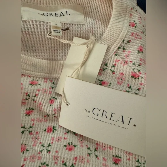 THE GREAT. Floral Long Sleeve Tee - Cream and Pink - Picture 5 of 6
